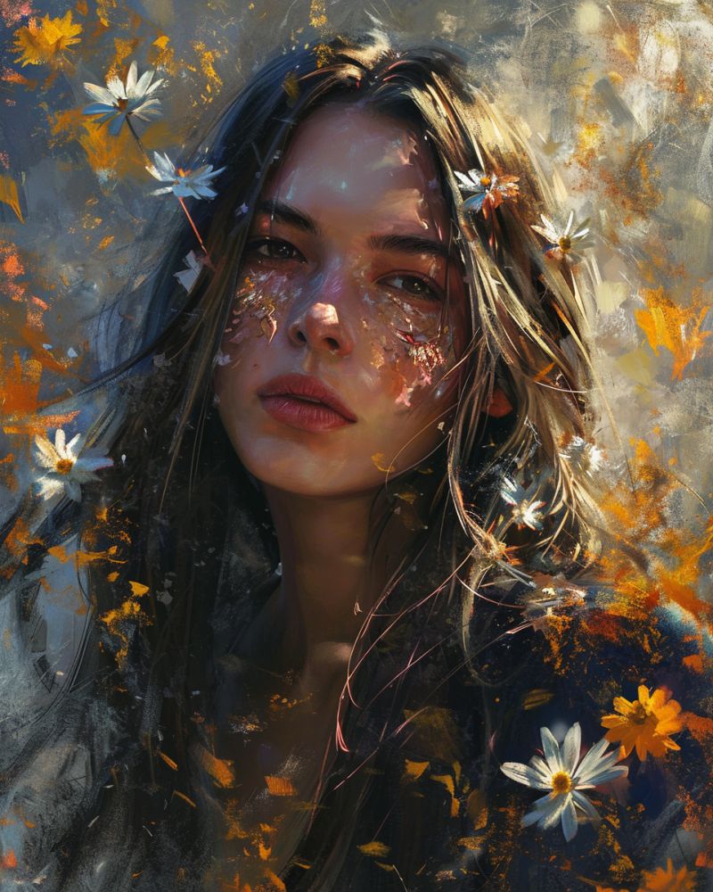 Oil painting woman long hair flowers image accurate picture amazing demonstrating the mischiefs wild of human activities on la  oil painting woman long hair flowers