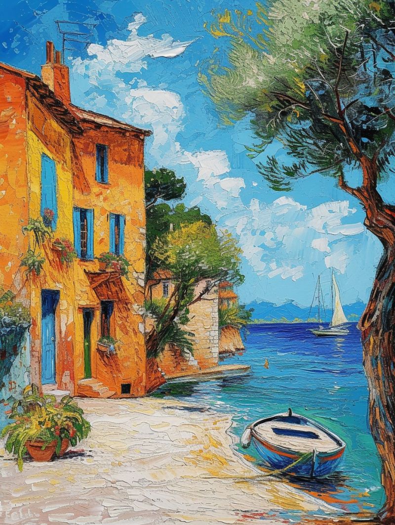 Paysanne village bord mer maison mediterraneenne bateau eau plante pots journee ensoleillee Pièce d'art, peut-être une fenêtre de verre coloré ou un mosaïque avec des éléments qui imitent l'apparence du verre coloré. Elle représente une scène avec deux figures, l'une apparemment masculine et l'autre peut être féminine, debout le long de la berge d'eau pendant ce que pourrait être soit le lever du soleil ou le coucher du soleil. Le fond est rempli de couleurs chaudes et vibrantes qui suggèrent un environnement paisible, peut-être calme. Il y a des étoiles au ciel, renforçant l'idée qu'on se trouve à un endroit où l'on peut voir la nuit étoilée clairement. Le style est très coloré et détaillé, avec le médium lui donnant une qualité presque tridimensionnelle.