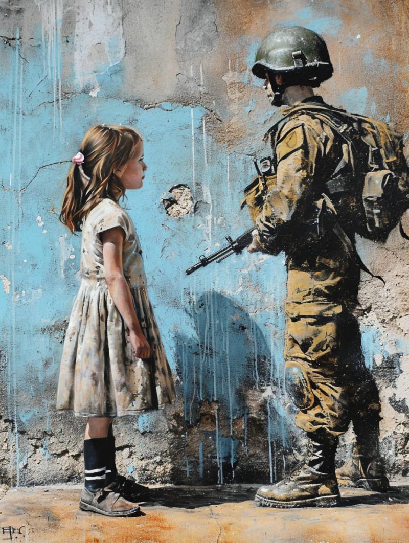 Banksy soldier accurate picture amazing demonstrating the mischiefs wild of human activities on la banksylittlegirlfacingsoldier