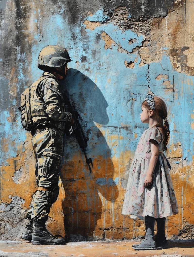 Banksy soldier accurate picture amazing demonstrating the mischiefs wild of human activities on la banksylittlegirlfacingsoldier