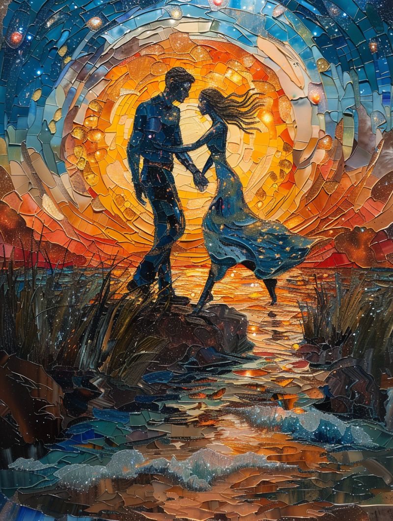 Couple coucher soleil mosaique romantique dansant local tropical glebe terni oeuvre plage homme femme emotionnelle histoire amour soiree Travaux d'art en verre coloré avec un thème romantique ou célébratif. Une figure masculine et féminine debout côte à côte, regardant directement le spectateur. Les deux figures sont en mouvement, suggérant qu'elles pourraient danser ou se serrer dans les bras. Elles sont disposées près d'une body de'eau qui reflète leurs formes, créant un effet de profondeur. L'environnement apparaît être extérieur avec une lumière naturelle et des couleurs, ce qui contribue à un atmosphère calme et serène. Le fond a une teinte de coucher de soleil avec des tons chauds qui se fondent dans la moitié inférieure de l'oeuvre d'art, composée de petites pièces de verre connues sous le nom de mosaic ou de technique de verre coloré. Ces pièces sont disposées de telle sorte qu'elles créent l'apparence de lumière et de couleur sur la surface de l'eau et sur l'horizon où le soleil se couchait. Le style général de l'oeuvre d'art tend vers le réalisme avec une concentration sur des couleurs vives, et elle peut être interprétée comme un morceau commémoratif d'un moment spécial entre deux personnes, possiblement reflétant l'amour ou un événement important dans leur relation. L'art de l'oeuvre est traditionnellement le travail de verre coloré, souvent associé à des sujets religieux, mais ici il est utilisé pour capturer une expérience humaine séculière.