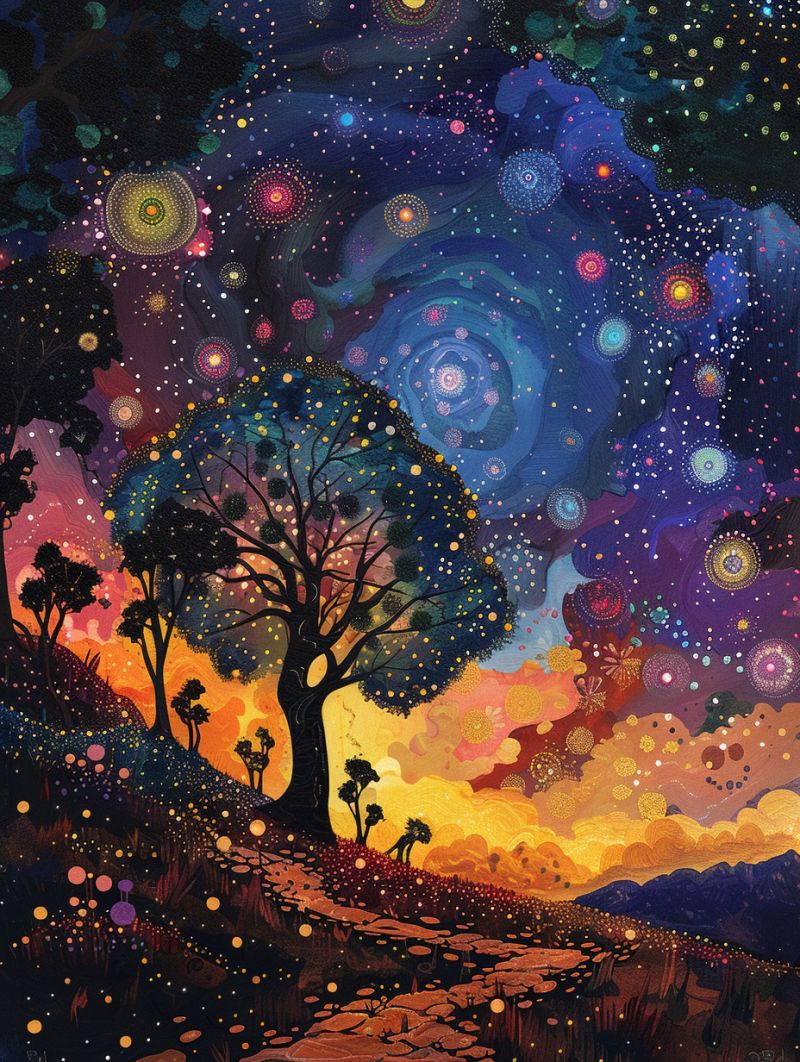 Night sky galaxy nebula star planet tree sunset sunrise people path journey fantasy surreal science fiction magic ight sky filled with vibrant stars, nebulae, and planets. The scene is rendered in a colorful, illustrative style reminiscent of a quilt or tapestry. At the center, there's a large tree with a round base that seems to be emitting a radiant light or energy. Below the tree are two figures standing on a path that cuts through a field of grass and flowers. The figures appear to be gazing up at the sky. The background is dominated by a deep blue, suggesting a clear night, with hues of purple and orange adding depth and warmth to the scene. Above, there are whimsical patterns like swirls and abstract designs that contribute to the fantastical and dreamlike quality of the artwork. The overall mood of the image is one of wonder and tranquility.