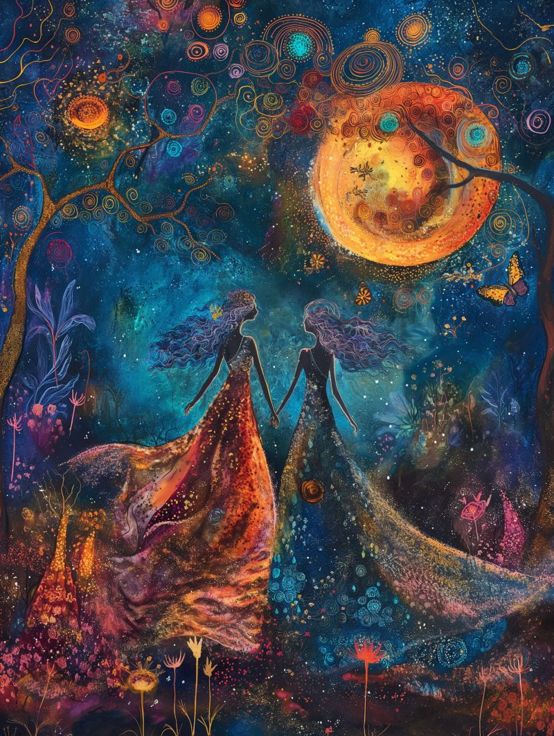 Fantasy female angelic night sky celestial moon whimsical starry two stylized science fiction cosmic captivating illustration that depicts two figures, one male and one female, standing side by side against the backdrop of a starlit sky. They appear to be looking into each other's eyes with an expression of love or deep connection. The art style features vibrant colors and intricate details, giving it a dreamlike quality. The figures are dressed in flowing garments, enhancing the ethereal feel of the scene. Surrounding them is a lush array of flora and fauna, along with celestial bodies like moons and stars. The overall mood of the illustration is serene and magical.