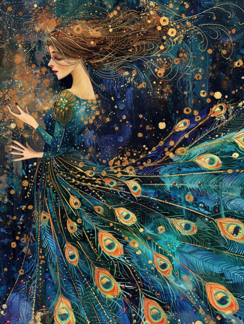 Celestial dancers peacock dress gold pointillism accurate picture amazing demonstrating the mischiefs wild of human activities on la  celestial dancers peacock dress gold pointillism