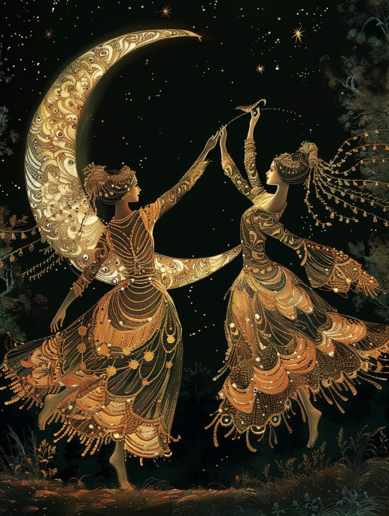 Celestial dancers peacock dress gold pointillism accurate picture amazing demonstrating the mischiefs wild of human activities on la  celestial dancers peacock dress gold pointillism