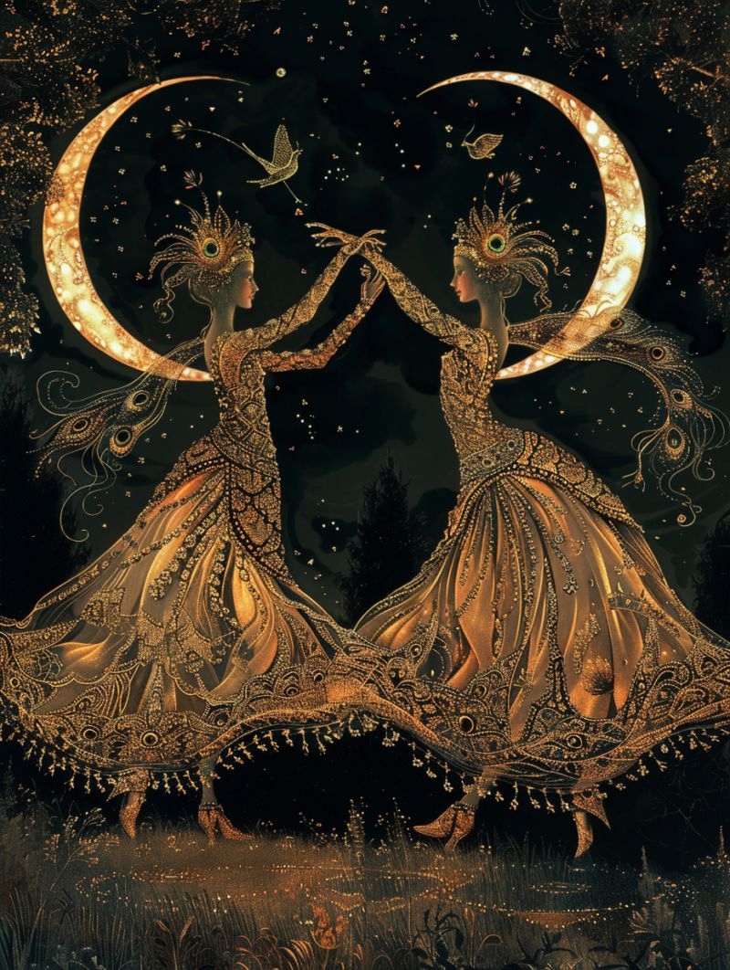 Celestial dancers peacock dress gold pointillism accurate picture amazing demonstrating the mischiefs wild of human activities on la  celestial dancers peacock dress gold pointillism