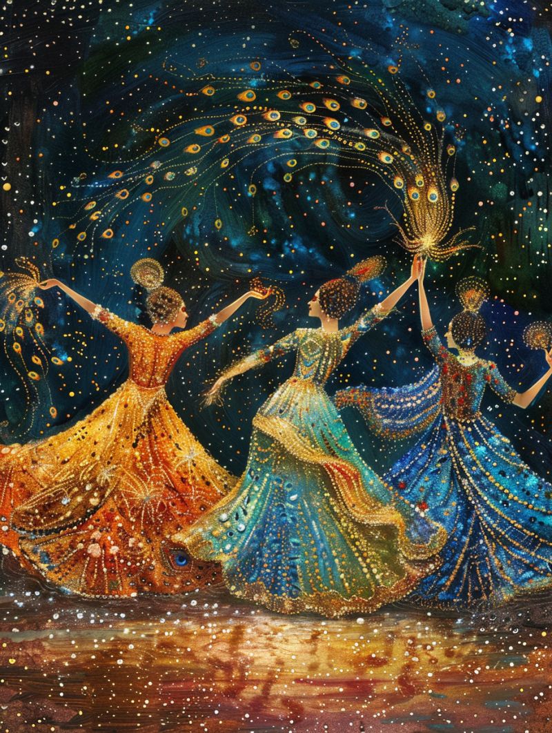 Celestial dancers peacock dress gold pointillism accurate picture amazing demonstrating the mischiefs wild of human activities on la  celestial dancers peacock dress gold pointillism