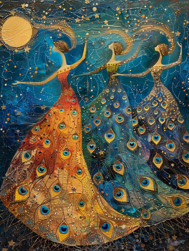 Celestial dancers peacock dress gold pointillism accurate picture amazing demonstrating the mischiefs wild of human activities on la  celestial dancers peacock dress gold pointillism