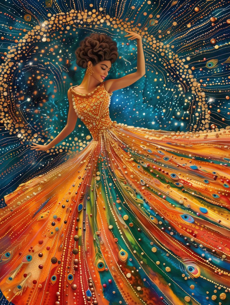 Celestial dancers peacock dress gold pointillism accurate picture amazing demonstrating the mischiefs wild of human activities on la  celestial dancers peacock dress gold pointillism