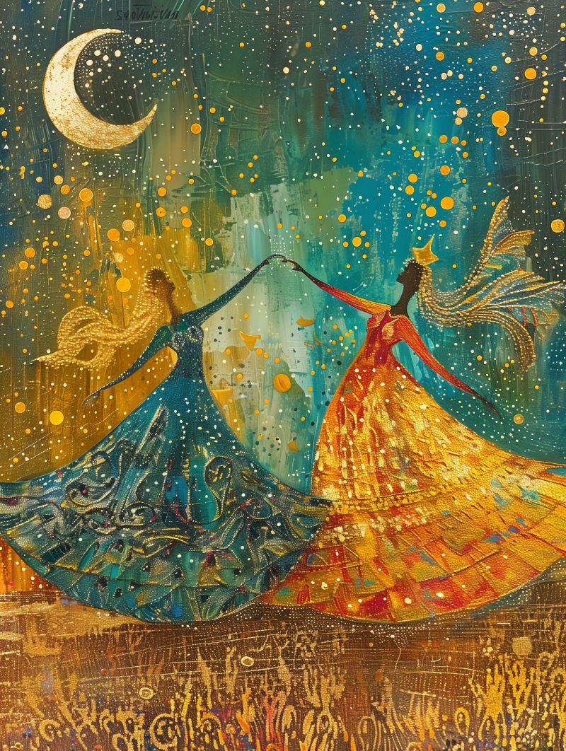 Celestial dancers peacock dress gold pointillism accurate picture amazing demonstrating the mischiefs wild of human activities on la  celestial dancers peacock dress gold pointillism