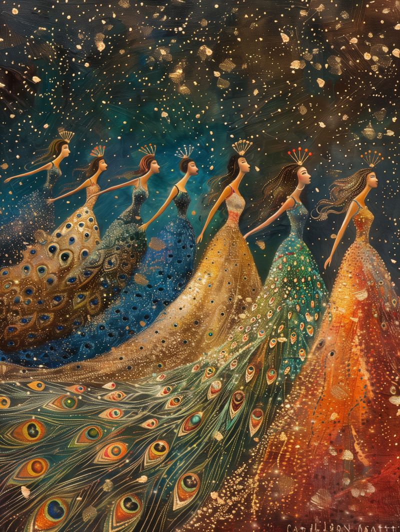 Celestial dancers peacock dress gold pointillism accurate picture amazing demonstrating the mischiefs wild of human activities on la  celestial dancers peacock dress gold pointillism