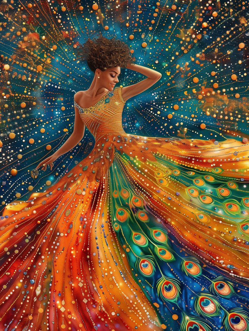 Celestial dancers peacock dress gold pointillism accurate picture amazing demonstrating the mischiefs wild of human activities on la  celestial dancers peacock dress gold pointillism