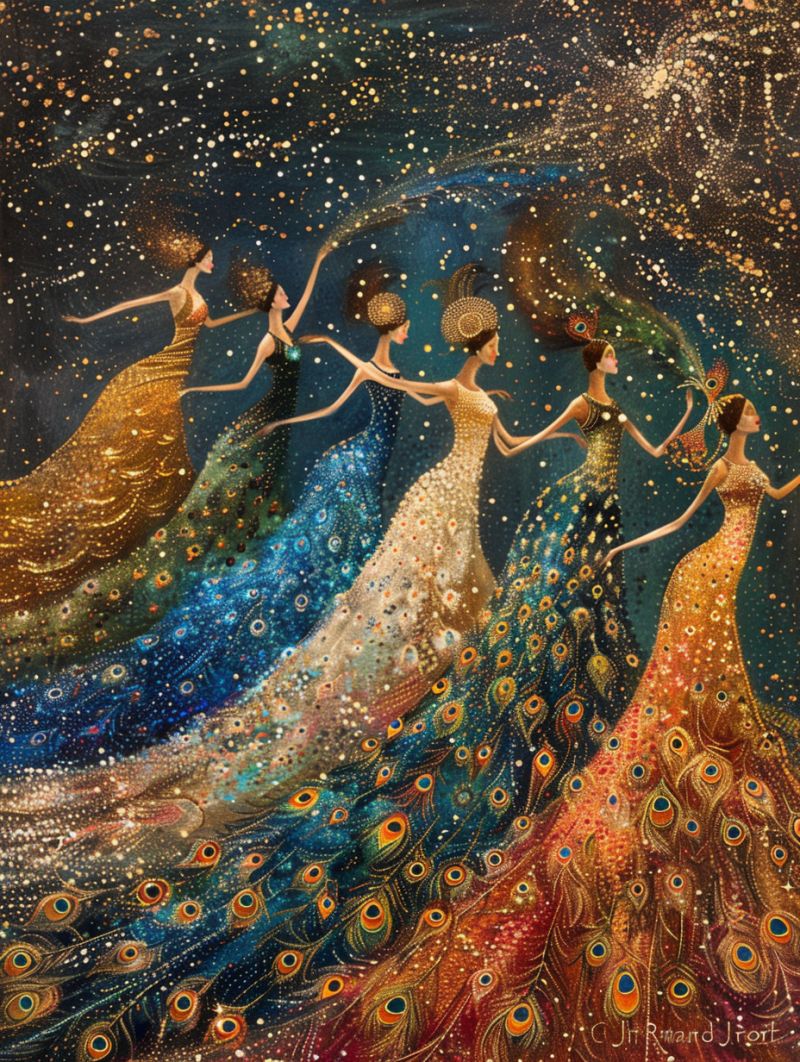 Celestial dancers peacock dress gold pointillism accurate picture amazing demonstrating the mischiefs wild of human activities on la  celestial dancers peacock dress gold pointillism