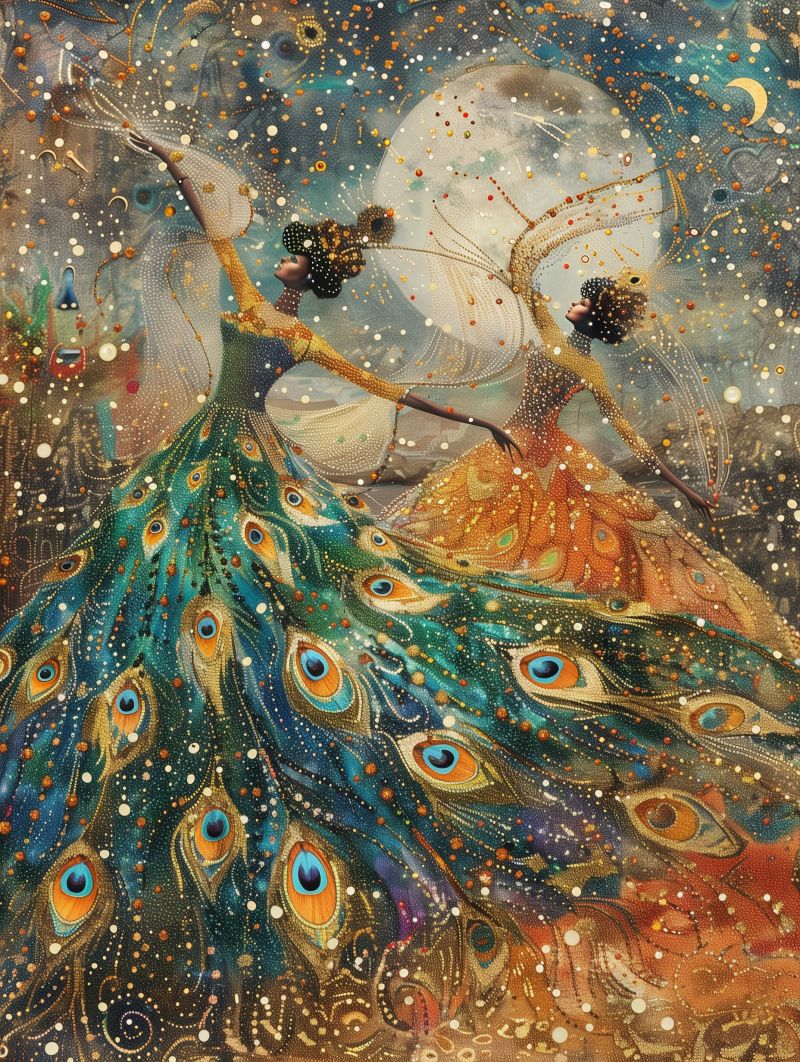 Celestial dancers peacock dress gold pointillism accurate picture amazing demonstrating the mischiefs wild of human activities on la  celestial dancers peacock dress gold pointillism