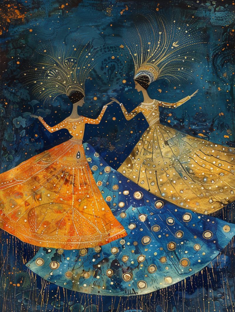 Celestial dancers peacock dress gold pointillism accurate picture amazing demonstrating the mischiefs wild of human activities on la  celestial dancers peacock dress gold pointillism