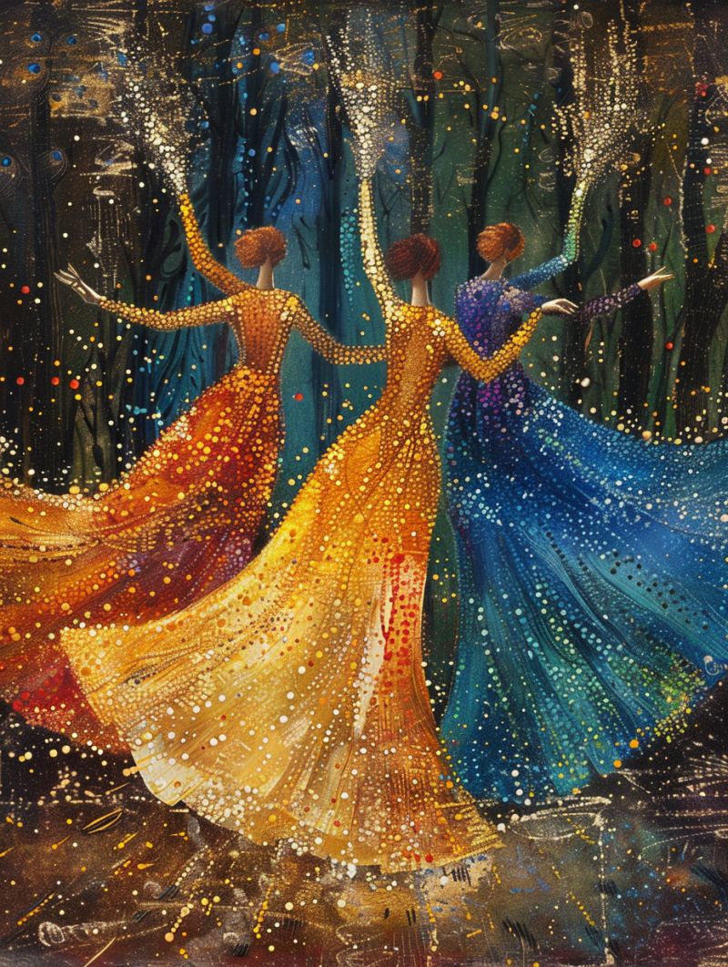 Celestial dancers peacock dress gold pointillism accurate picture amazing demonstrating the mischiefs wild of human activities on la  celestial dancers peacock dress gold pointillism