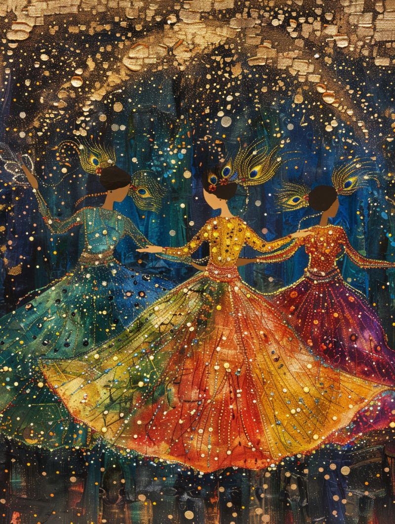 Celestial dancers peacock dress gold pointillism accurate picture amazing demonstrating the mischiefs wild of human activities on la  celestial dancers peacock dress gold pointillism