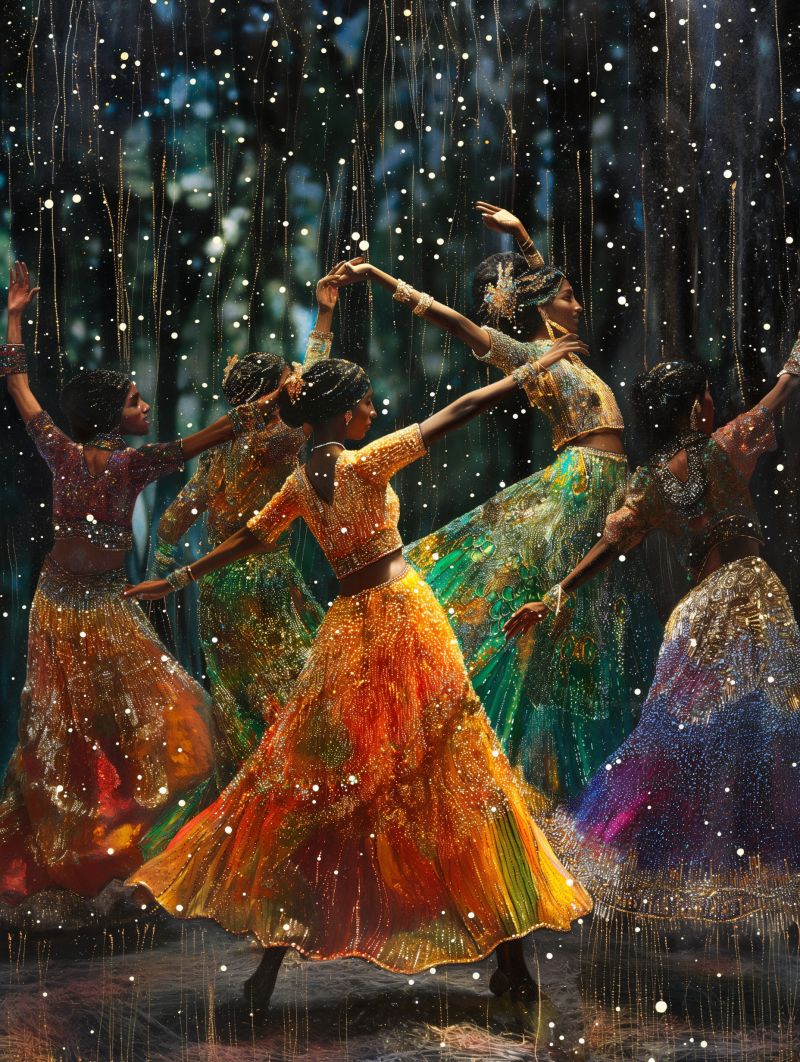 Celestial dancers peacock dress gold pointillism accurate picture amazing demonstrating the mischiefs wild of human activities on la  celestial dancers peacock dress gold pointillism