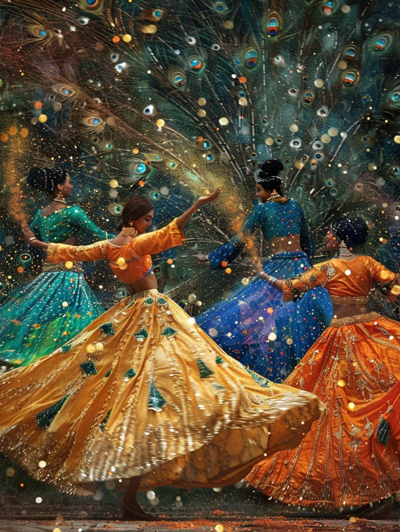 Celestial dancers peacock dress gold pointillism accurate picture amazing demonstrating the mischiefs wild of human activities on la  celestial dancers peacock dress gold pointillism