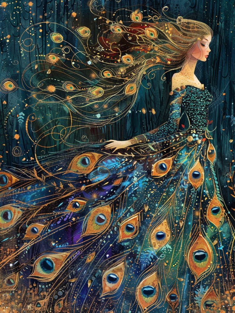 Celestial dancers peacock dress gold pointillism accurate picture amazing demonstrating the mischiefs wild of human activities on la  celestial dancers peacock dress gold pointillism