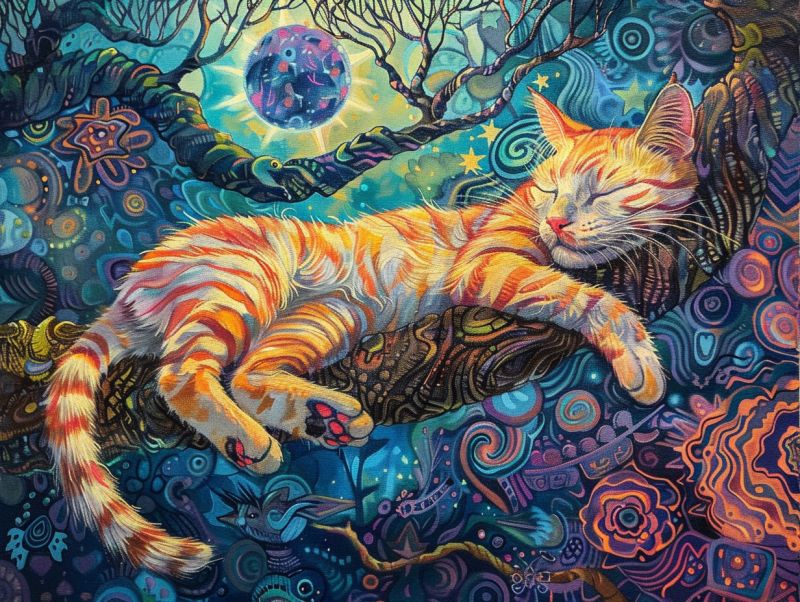 Chat fantaisiste fantaisie endormi branche arbre fantastique cosmique ciel nocturne lunaire reveur animale coloree reposant nuit psyc Illustration stylisée d'un chat à poils orange recourbé sur un branch avec la tête posée sur le tronc de l'arbre. Le chat est endormi et le paysage suggère une scène forestière sous la nuit, avec des motifs en roulures qui pourraient représenter un paysage onirique ou des effets magiques. Il y a plusieurs éléments colorés dans l'oeuvre : une lune avec un visage qui émerge, des étoiles et divers motifs complexes de couleurs comme les bleus, le pourpre et le vert. L'ambiance générale de l'image est fantaisiste et fantastique, lui conférant une qualité onirique ou rêveuse.
