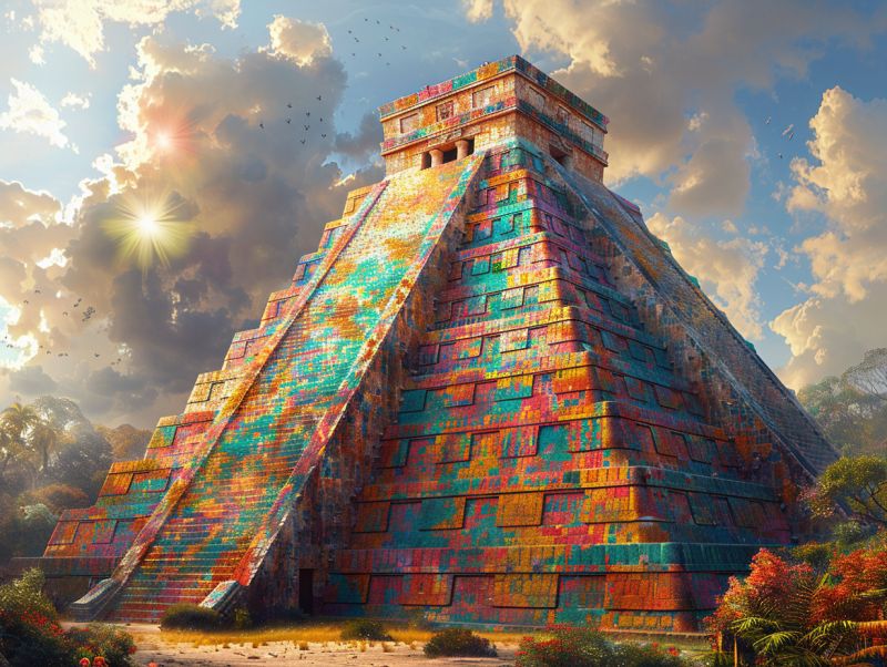 Chichen itza bismuth colors psychedelic trippy art style accurate picture amazing demonstrating the mischiefs wild of human activities on la  chichen itza bismuth colors psychedelic trippy art style