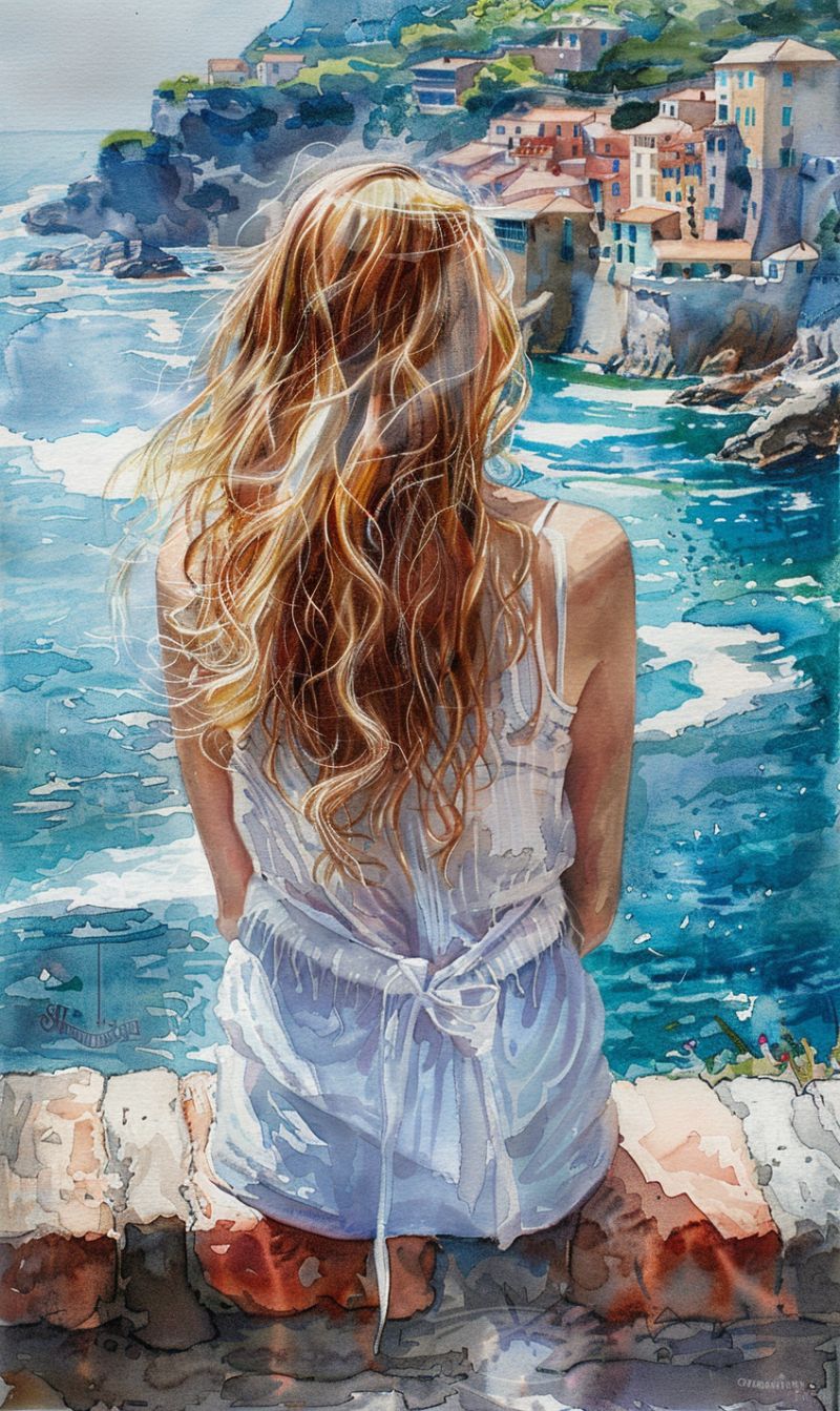 Cinqueterre woman long hairs front sea watercol accurate picture amazing demonstrating the mischiefs wild of human activities on la  cinqueterre woman long hairs front sea watercol