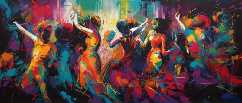 Painting dancing people on dancefloor embracing madness erratic bold strokes painting dancing people on dancefloor embracing madness erratic