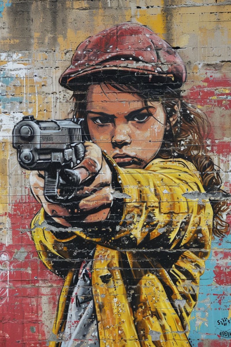 Grafiti soildier pointing gun little girl accurate picture amazing demonstrating the mischiefs wild of human activities on la  grafiti soildier pointing gun little girl