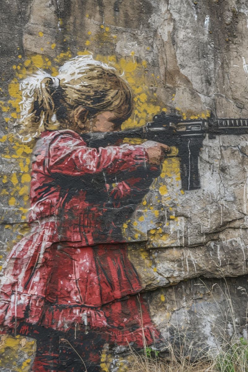 Grafiti soildier pointing gun little girl accurate picture amazing demonstrating the mischiefs wild of human activities on la  grafiti soildier pointing gun little girl