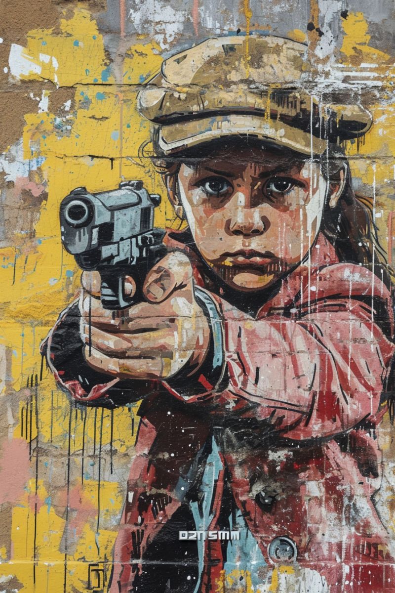 Grafiti soildier pointing gun little girl accurate picture amazing demonstrating the mischiefs wild of human activities on la  grafiti soildier pointing gun little girl