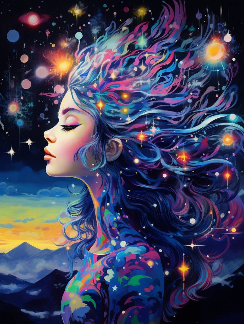 Astro fille etoiles cheveux cosmique espace fantaisie feminin galaxie entouree creative femme parmi corps celestes L'artiste a réalisé une oeuvre très détaillée et colorée d'un personnage aux cheveux longs en fleche, rendu avec des couleurs vives. Il porte un haut coloré aux étoiles et éléments cosmiques, et ses yeux sont fermés, comme s'il regardait l'infini ou sa propre pensée. Le personnage est placé face à un fond qui présente une série d'objets célestes tels que des planètes, des étoiles et des nébuleuses, créant un effet de galaxie qui renforce le sentiment rêveur et éthéré de la pièce. La composition est équilibrée avec suffisamment d'espace négatif pour permettre au spectateur de profiter des détails complexes du dessin du personnage et du fond cosmique. Il n'y a aucune écriture présente dans l'image.