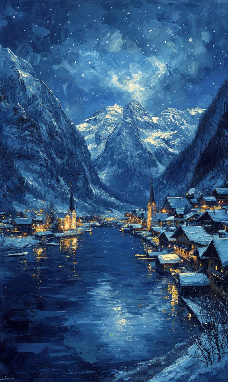 Oil painting on canvas snowy mountain village lake peaky accurate picture amazing demonstrating the mischiefs wild of human activities on la  oil painting on canvas snowy mountain village lake peaky