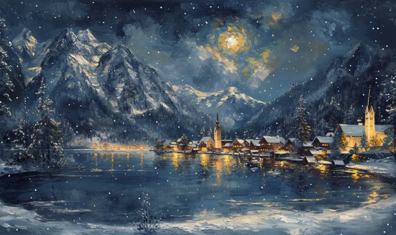 Oil painting on canvas snowy mountain village lake peaky accurate picture amazing demonstrating the mischiefs wild of human activities on la  oil painting on canvas snowy mountain village lake peaky