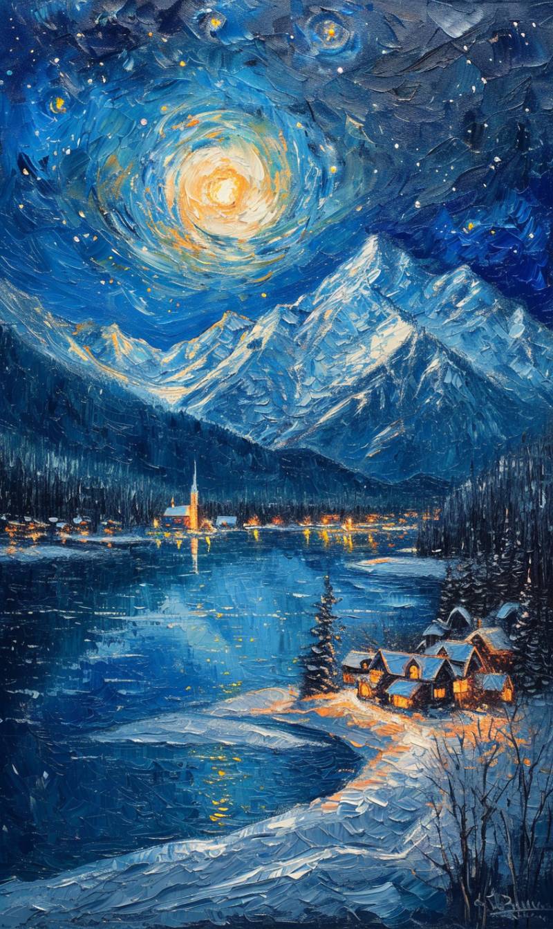 Oil painting on canvas snowy mountain village lake peaky accurate picture amazing demonstrating the mischiefs wild of human activities on la  oil painting on canvas snowy mountain village lake peaky