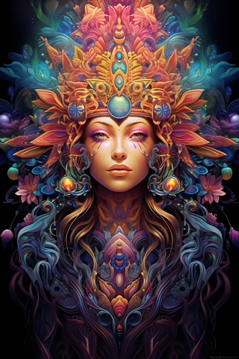 Oeuvre femme feminine fantastique eclatantes dynamisme fleuris psychedelic spiritual couronne ornee Il y a dans l'image une femme debout devant un miroir. Elle semble être à l'intérieur et vêtue d'un costume élégant avec des accents dorés. Le costume comprend ce qui semble être un pantalon ou une blouse avec des détails de perle et peut-être un design sans épaule. Ses cheveux sont dressés haut, révélant son visage qui présente des traits naturels. Elle regarde directement la caméra, présentant une expression neutre. Derrière elle, il y a un fond décoratif qui suggère un cadre urbain en soirée, comme ce qui semble être des lumières fairy et peut-être des silhouettes de ville. La lumière dans la pièce donne une chaleur d'ambiance, contribuant à créer une atmosphère intime du scène.