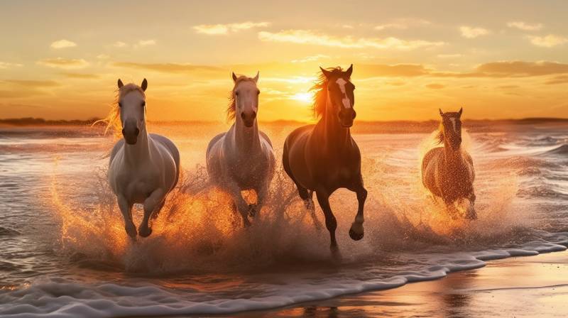 Horses runing free at beach sunset étonnante vue magnifique montrant les bienfaits sauvage de la montagne sur la Des chevaux sauvages courant sur la plage en plein coucher de soleil