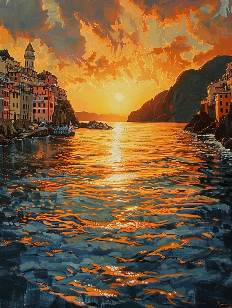 Sunset riomaggiore sea waterpainting image accurate picture amazing demonstrating the mischiefs wild of human activities on la  sunset riomaggiore sea waterpainting