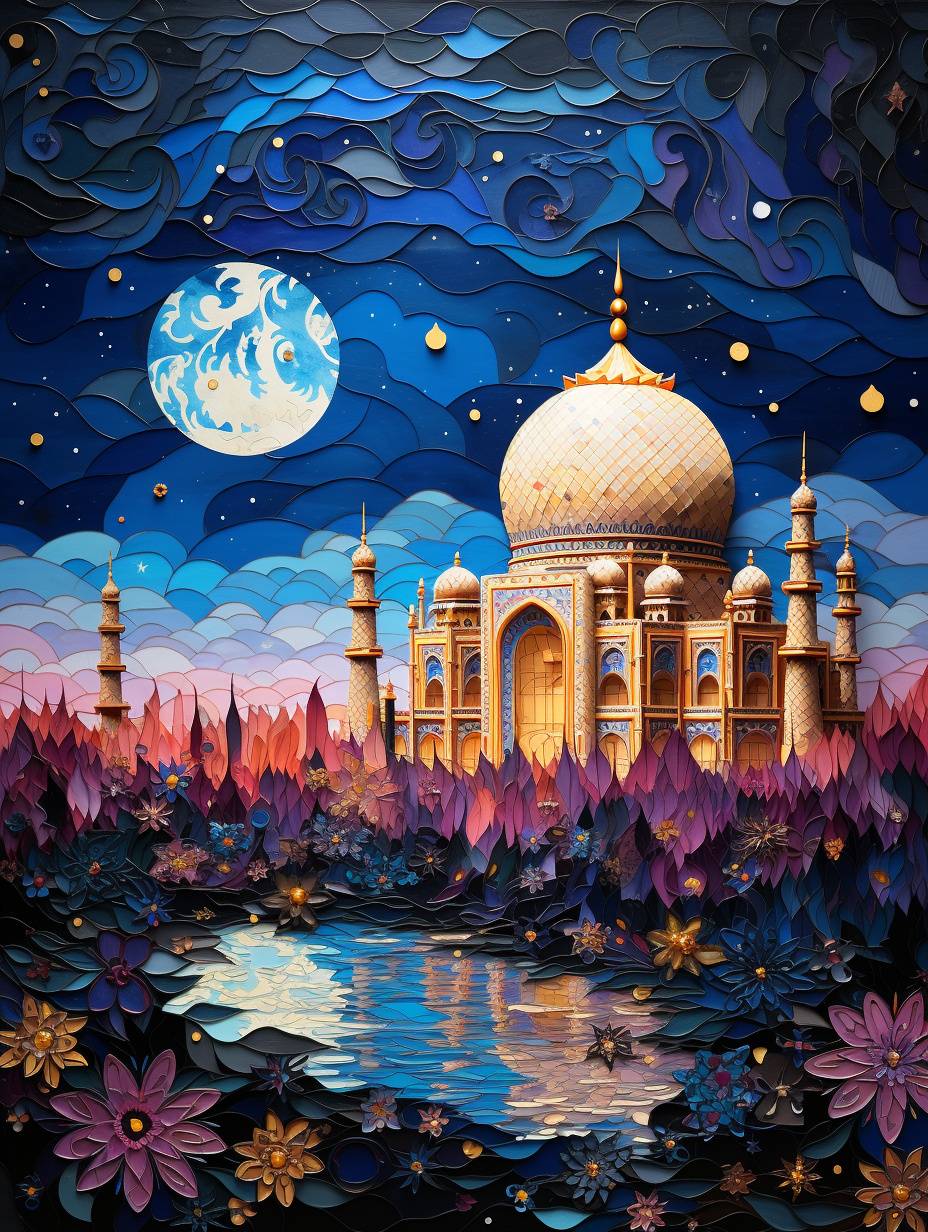 Artiste mosaique architecturale taj mahal nocturne ciel sous lunaire culturel temples inde environnement paisi Scène vibrante et colorée du Taj Mahal, un mausolée renommé situé à Agra en Inde. Cette grande structure de marbre blanc est entourée d'une verdure luxuriante avec plusieurs arbres visibles autour d'elle. La photographie a été manipulée pour obtenir une esthétique de verre coloré, en utilisant des couleurs brilantes et des motifs détaillés qui ajoutent une perception de profondeur et de texture à l'image. Sur le sommet du Taj Mahal, il y a un dôme doré, un trait de caractère du monument, qui est éclairé contre le ciel nocturne. Le fond révèle un ciel sombre, dont des étoiles sont dispersées, ce qui ajoute à l'atmosphère calme. À côté de la photo, il y a une petite lune croissante, qui indique qu'il pourrait être le soir ou la nuit tardive. Le palette de couleurs est riche et variée, avec des bleus, des pourpre et des vertes dominant le fond, ce qui se marie magnifiquement avec les teints chaleureux du Taj Mahal et le ciel vibrant. L'artwork stylisé apporte une sensation de fantasy et d'enchantement à la scène, en transformant un emblématique monument historique en spectacle rêveur.