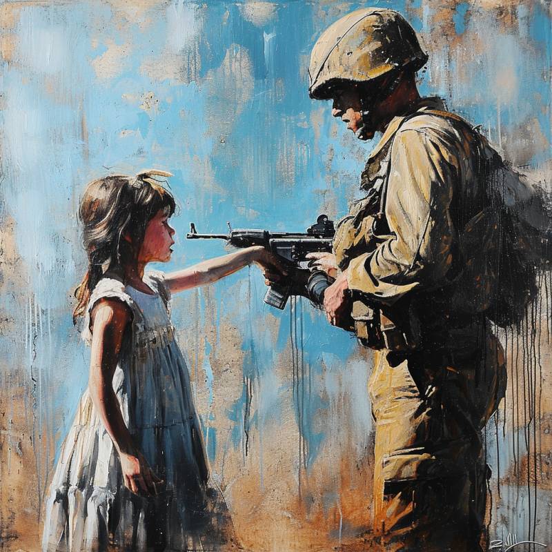 Banksy soldier accurate picture amazing demonstrating the mischiefs wild of human activities on la soldierpointshisgungirltwicetalle