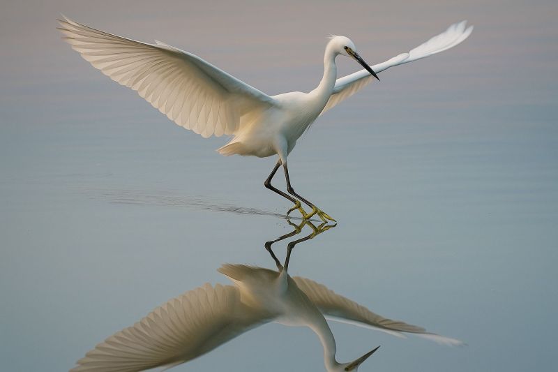 Oiseau eau aile plume vol nature faune animal mer rivage zone humide marais lac etang riviere ruisseau habitat ecosysteme conservation ornithologie Un oiseau blanc aux longues pattes et au long bec pointu est en plein vol au-dessus d'un plan d'eau calme. Ses ailes sont largement déployées et ses pattes sont étendues derrière lui. Le reflet de l'oiseau est visible à la surface de l'eau, reflétant sa pose gracieuse. Le ciel au-dessus est clair et bleu, sans nuages visibles.