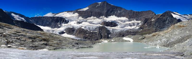 Panoramique Lac Glaciaire Glacier Grand Méan Vue Panoramique depuis le sommet du glacier du Grand Méan avec vu le Glacier des Evettes, au dessus de l'Ecot en Maurienne, Bonneval sur Arc. En passant soit par les gorges de reculaz ou le refuge des évettes. haute savoie