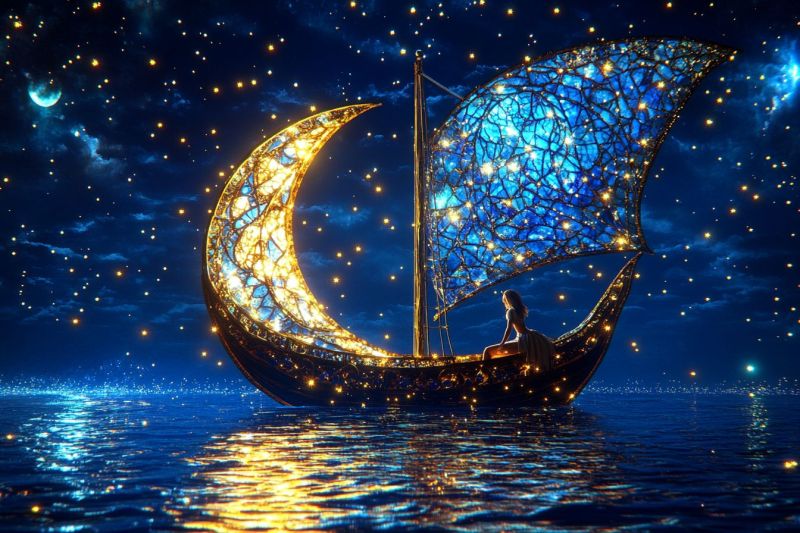 Ciel nocturne nuit etoilee bateau mer sous lune maritime artiste voile fantastique allume eau Ciel nocturne nuit etoilee bateau mer sous lune maritime artiste voile fantastique allume eau