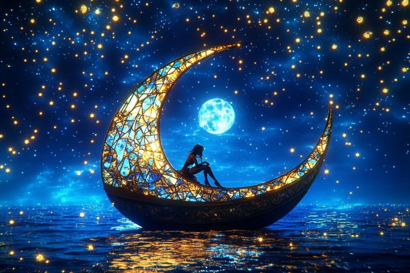 Moonlit night romantic crescent moon starry sky shaped boat couple canoe fairy tale setting fantasy atmosphere nighttime romance lunar whimsical scene featuring a large, glowing moon in the sky. Below the moon is a small crescent-shaped boat with intricate designs and blue lights floating on water that reflects the celestial bodies above. On the boat, there's a figure sitting under a canopy, appearing to float or be gently guided by the moonlight. The water around the boat and the background are filled with countless small, twinkling white dots that give the impression of stars in the sky. The colors in the image are predominantly blues, whites, and gold tones from the moon's light. There is no text on the image.