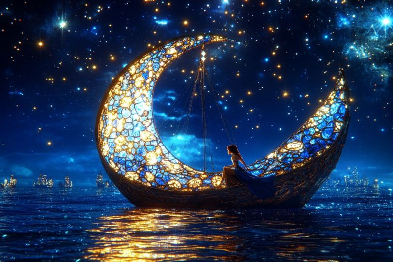 Coucher soleil lune creuse ciel nocturne etoiles bateau eau femme bord soir illumine constellation fenetre verre coloree paisible amb Coucher soleil lune creuse ciel nocturne etoiles bateau eau femme bord soir illumine constellation fenetre verre coloree paisible amb