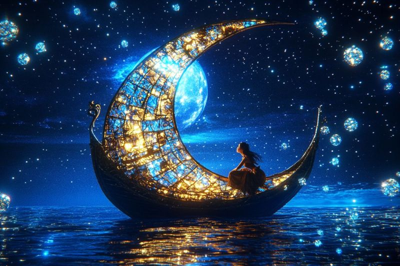 Peut etre traduit comme suit ciel lunaire spatial lune croissante mer eclairee etoile brillante croisiere bateau scenario romantique fan Peut etre traduit comme suit ciel lunaire spatial lune croissante mer eclairee etoile brillante croisiere bateau scenario romantique fan