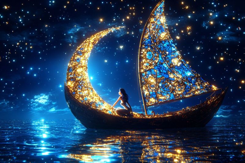 Fantasy depeinte qualite surnaturelle onirique eclaire lune aggrave atmosphere magique engin nautique petite embarcation lanternier Fantasy depeinte qualite surnaturelle onirique eclaire lune aggrave atmosphere magique engin nautique petite embarcation lanternier