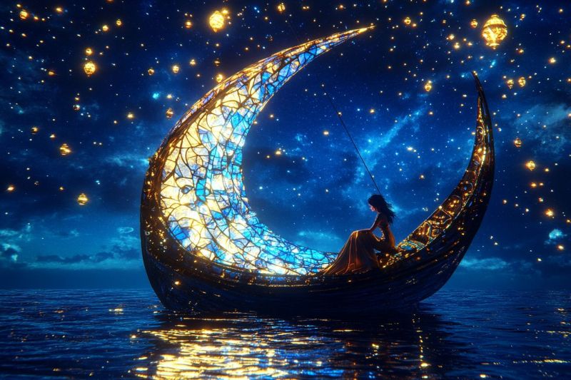 Lune eclairee fantaisie crescente bateau eau ciel nocturne glacons tains romantique calme celeste nautique reveur ethereal clair nuit heure magi Lune eclairee fantaisie crescente bateau eau ciel nocturne glacons tains romantique calme celeste nautique reveur ethereal clair nuit heure magi