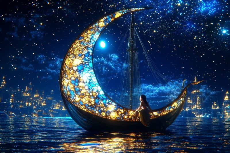 Bateau sous lune illuminee eau femme forme creuse ciel nocturne etoiles decor fantastique fenetre verre Bateau sous lune illuminee eau femme forme creuse ciel nocturne etoiles decor fantastique fenetre verre