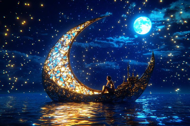 Lune croissant ciel nocturne bateau eau nuit etoilee sous romante lanternes flottantes ocean atmosphere etheree Lune croissant ciel nocturne bateau eau nuit etoilee sous romante lanternes flottantes ocean atmosphere etheree